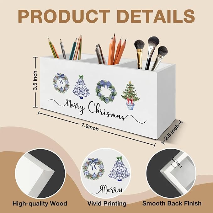 Chinoiserie Christmas Pen Pencil Holder Organizer for Desk Accessories, Christmas Office Decor, Coquette Blue Xmas Tree Wreath Wooden Box Signs Decorations for Home Office Desk Tabletop