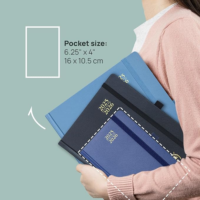 POPRUN Pocket Planner 2025-2026, (Purse Size 4''x 6.25'' Hard Cover) Academic Year Calendar Daily Weekly and Monthly (July 25-June 26) with Hourly Time Slots, 100 GSM Paper - Black