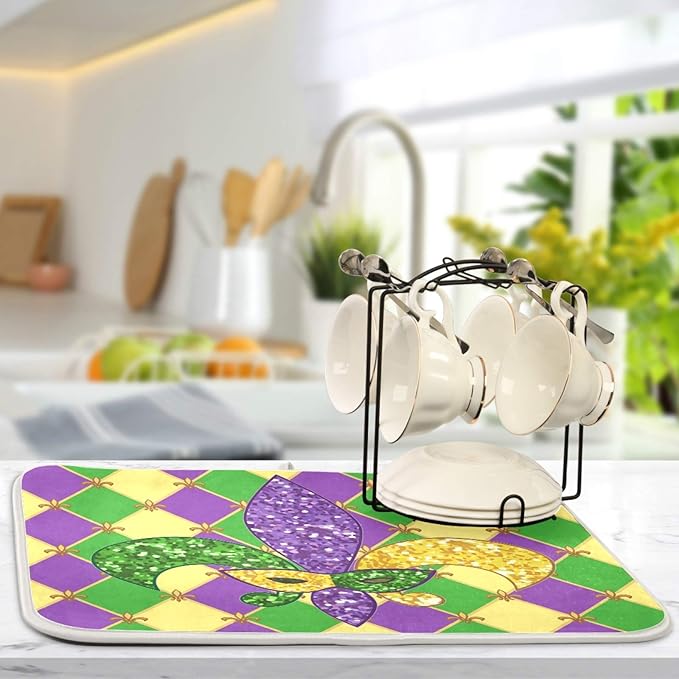 Mardi Gras Fleur De Lis Dish Drying Mat 18 X 24 Inch Rhombus Carnival Mask Absorbent Microfiber Dry Dishes Pads Tableware Mats Protector for Kitchen Countertops Counter Home Decorations