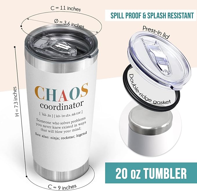 TEEZWONDER Christmas Thank You Gifts for Women - Chaos Coordinator 20 oz Stainless Steel Insulated Tumbler with Lid - Employee Appreciation Birthday Gifts for Women Coworkers Boss Teacher Nurse Friend