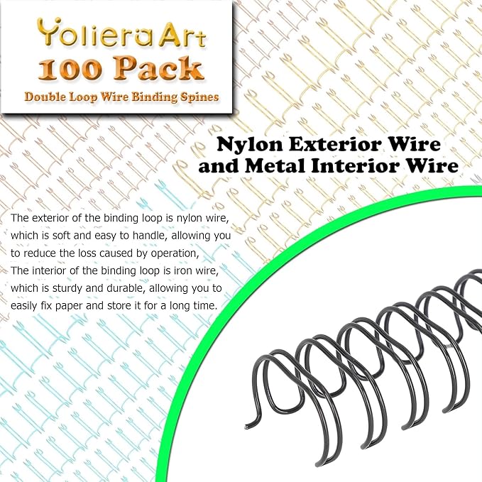 1/2 Inch Wire Cinch Book Binding Black 3:1 Pitch, 100 Pack Double Loop Metal Spiral for Bindings Fit for School Office Notebook Maker, YolieraArt Office Products Binding Combs 100 Sheet Capacity
