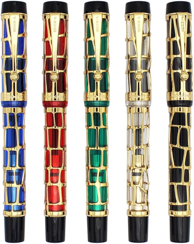 Gullor Century 100 Fountain Pen, Skeleton Hollow-out Series Golden, Screw-Cap, Fine Nib, Transparent Blue