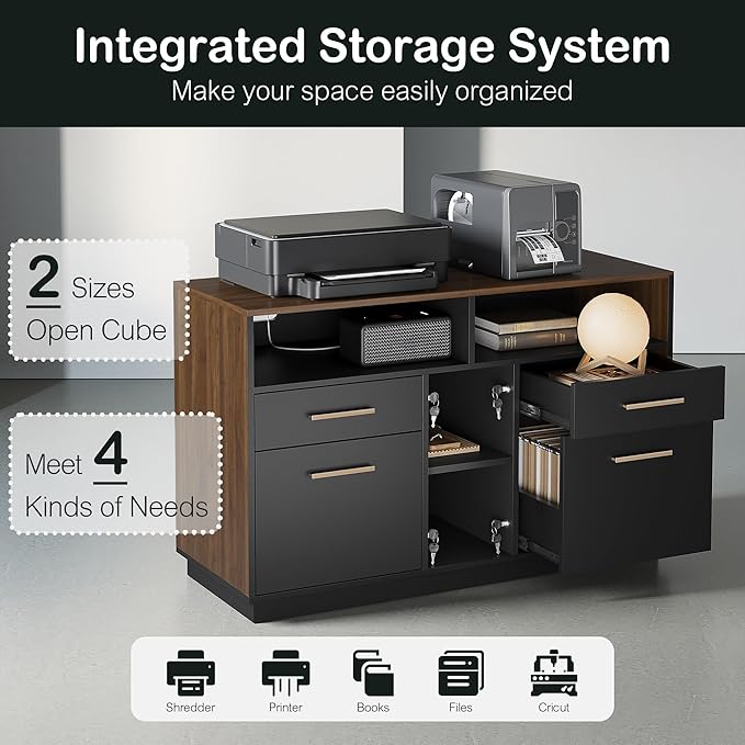4 Drawer File Cabinet, Wood Filing Cabinet for Home Office with Lock, Power Strip, Storage Shelves, Home Office Lateral File Storage Fits Legal/Letter Size, Black Walnut