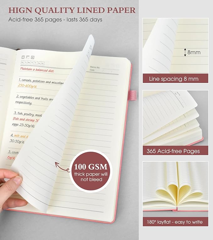 A5 Lined Journal Notebook - 365 Page Leather Journals for Writing Women & Men，Hardcover Notebook with 100Gsm Thick Pages，Daily Diary for Travel, Work，School，Note Taking，College Ruled (5.9" x 8.5")