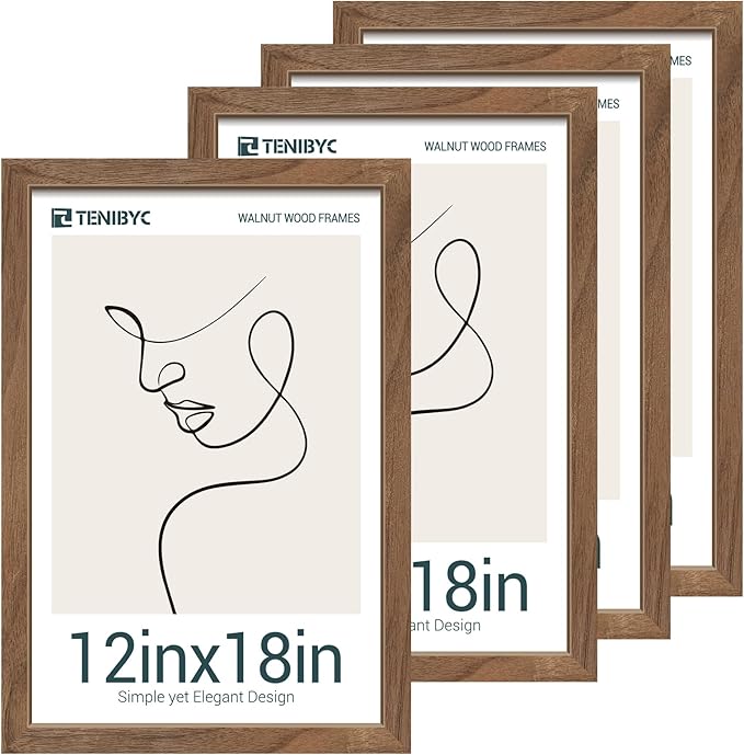 12x18 Frame Set of 4, Brown Grain, Walnut Wood & HD Tempered Glass, 12x18 Poster Picture Frame, Vertical & Horizontal Wall Hanging