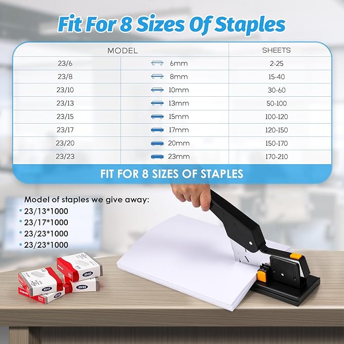 Heavy Duty Stapler 210 Sheets Capacity, Effortless Office School Stapler with Adjustable Stapling Width of 60mm (2.36") with 4000 Staples, Black