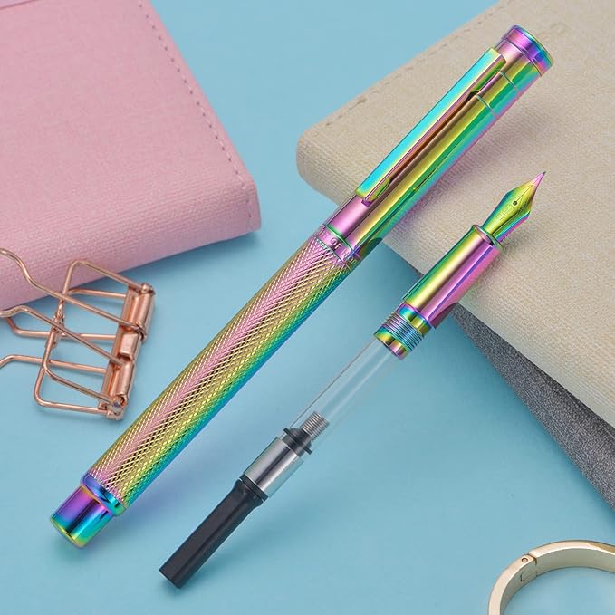 Asvine Hongdian Forest Fountain Pen Extra Fine Nib Rainbow Color with Converter and Metal Pen Box Set
