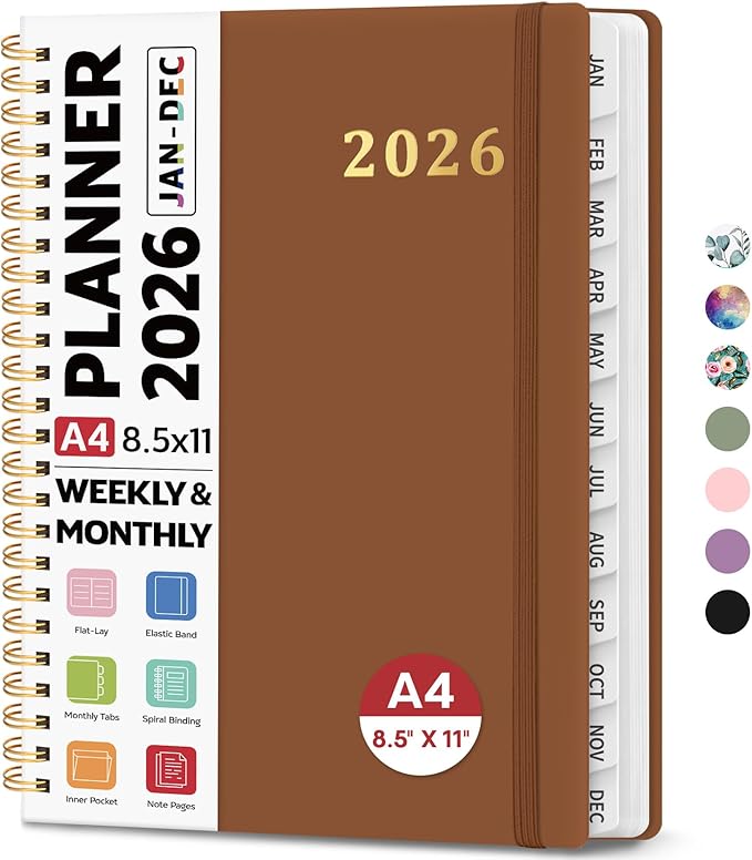 2026 Planner 8.5" x 11", Weekly and Monthly Calendar Planner Book, January 2026 - December 2026, Hardcover Spiral Planner with Monthly Tabs, Notes Pages, Perfect for Women & Men, A4 - Brown
