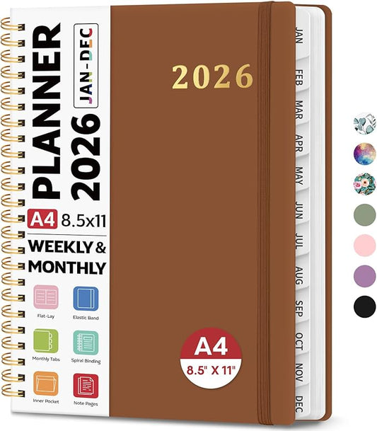 2026 Planner 8.5" x 11", Weekly and Monthly Calendar Planner Book, January 2026 - December 2026, Hardcover Spiral Planner with Monthly Tabs, Notes Pages, Perfect for Women & Men, A4 - Brown