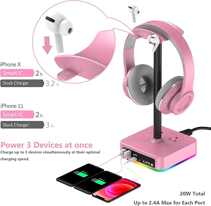 KAFRI RGB Headphone Stand with USB Charger Desk Gaming Headset Holder Hanger Rack with 3 USB Charging Port and 2 Outlet - Suitable for Gamer Desktop Table Game Earphone Accessories Girlfriend Gift