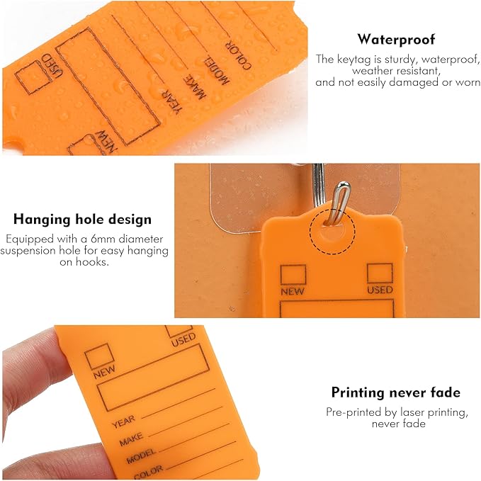 50 Car Key Tags with Labels Plastic Car Dealership Key Tags Self Locking Automotive Identifiers Blank Shop Labels with One Pen (Orange)