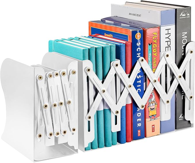 OMEYA 2PCS Adjustable Metal Bookends, Heavy Duty, 2 Dividers, Nonslip, Extends up to 19 inches (White)