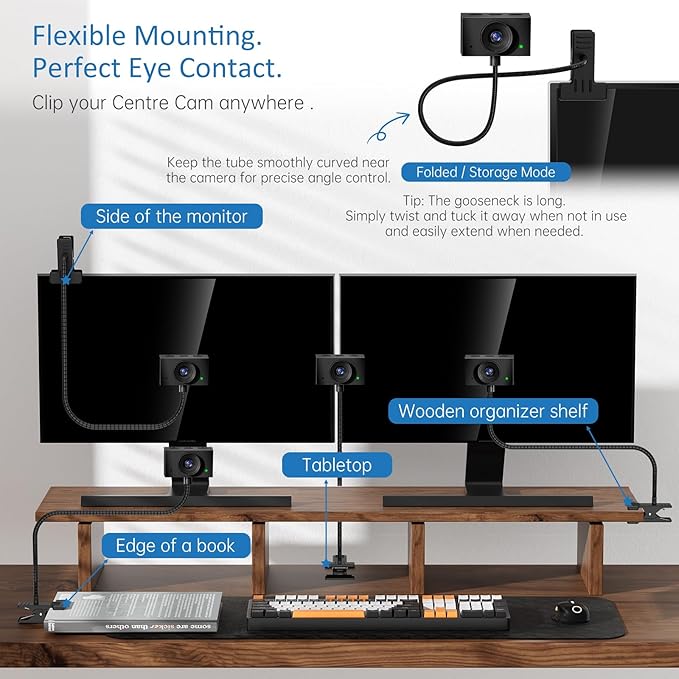 Eye Contact Web Camera for Desktop Computer – 1080P USB Camera with Microphone & Stand, Center Cam for Laptop or Desktop, Manual Focus, Plug & Play for macOS & Windows（Black）