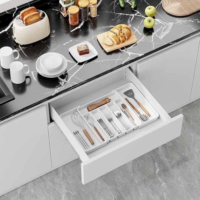 Aujen Silverware Organizer - Expandable Kitchen Drawer Organizer, Adjustable Utensil Organizer, Cutlery Tray for Forks, Knives, Multipurpose Kitchen Organizers and Storage Solution, White, Large