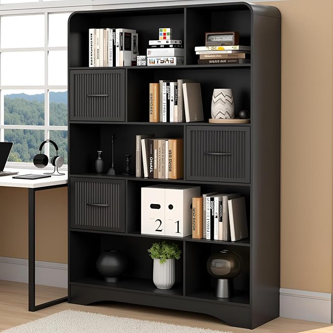70" Tall Book Shelf and Bookcase, Tall Bookshelf with Storage, 48" Wide Modern Bookcase with Drawers Adjustable 3 Bins Storage, Large Bookshelf Wood 13" Deep Display Shelves for Living Room, Black