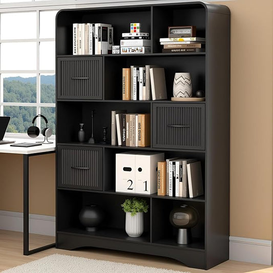 70" Tall Book Shelf and Bookcase, Tall Bookshelf with Storage, 48" Wide Modern Bookcase with Drawers Adjustable 3 Bins Storage, Large Bookshelf Wood 13" Deep Display Shelves for Living Room, Black