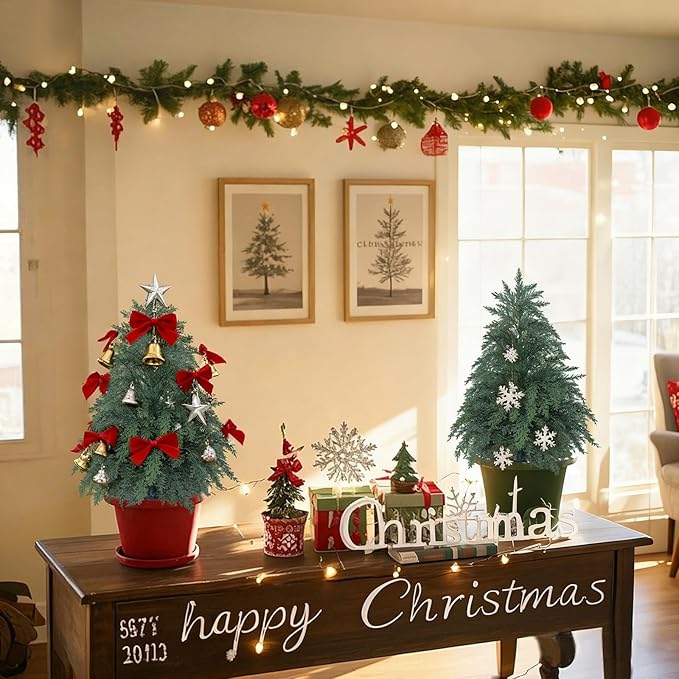 2FT Artificial Topiary Tree with Pot, 2 Pack Fake Evergreen Tree for Porch, Artificial Plants for Outdoor Christmas Home Garden Decor