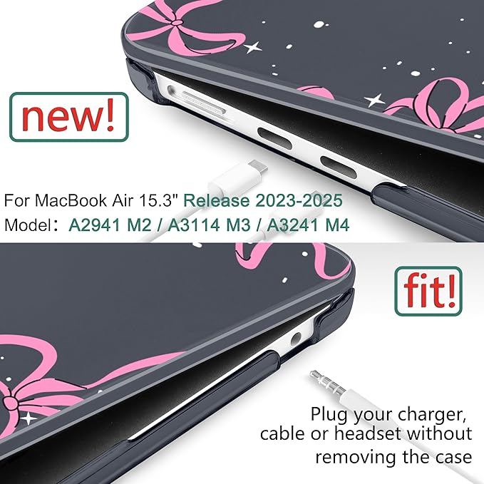 DONGKE Compatible with M4 MacBook Air 15 inch Case 2025 2024 2023 A3241 A3114 A2941 M3 M2 Liquid Retina Display Touch ID, Plastic Hard Case & Keyboard Skin & Screen Protector - Bows & Stars