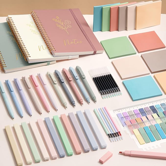 58PCS Aesthetic School Supplies, Cute College Ruled A5 Spiral Notebook Stationary Set Back to School Supplies Bible Study Kit Office College Essentials with Pastel Highlighters for Women Student Girls