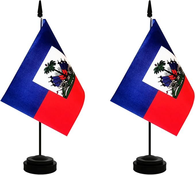 2 Pack Haiti Desk Flag, Haitian Table Office Flag with Solid Pole and Stand Base, International Country Flag, Festival Celebration, Classroom Meeting Desktop Decoration (Haiti)