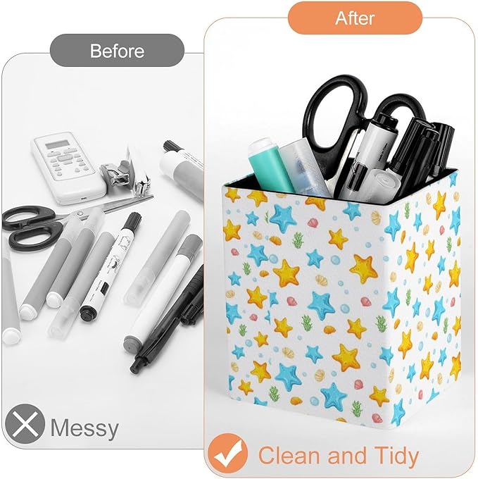 Square Pen Holder & Pencil Organizer for Desk - Office Storage Organizer, Markers/Makeup Brushes/Scissors Holder, Compact Desk Decor Accessories for Home Classroom School(Starfish)