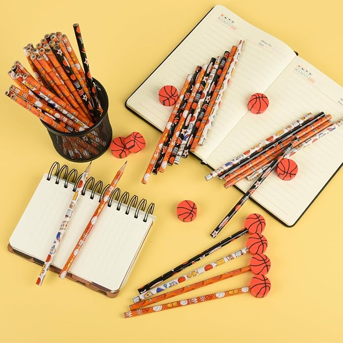 48pack Gifts Basketball Pencils and Erasers Stationery Pencils for Students Office School Classroom Rewards Supplies (basketball2)