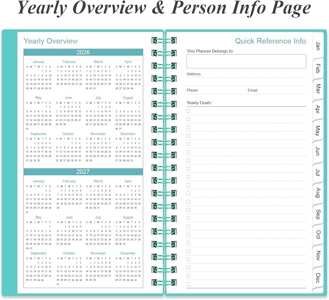 2026 Pocket Planner/Calendar - 2026 Planner from January 2026 - December 2026, Planner 2026 with 12 Tabs, Twin-Wire Binding, Inner Pocket, 3.75" x 6.75, Teal
