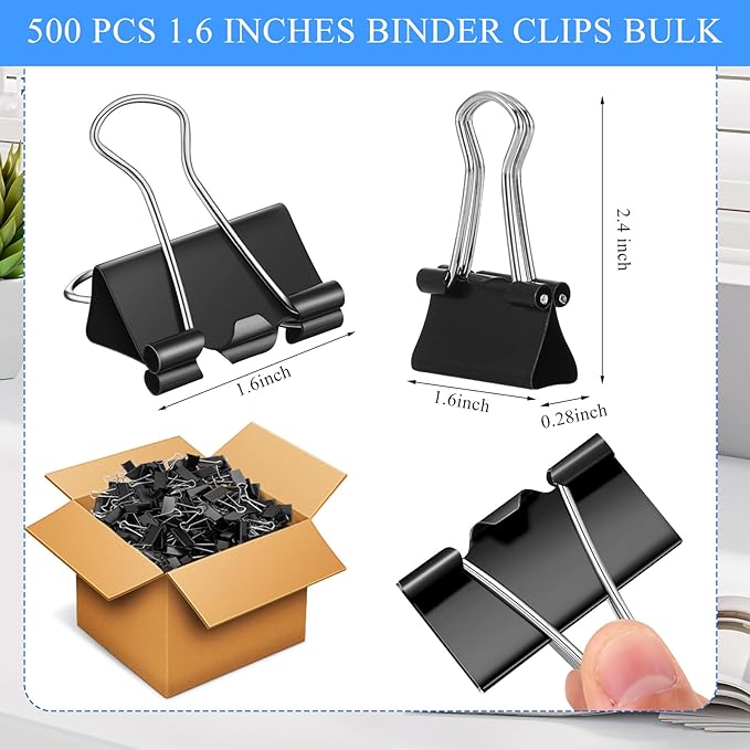 Jetec 500 Pieces 1. 6 Inch Black Binder Clips Extra Large Paper Clamps Metal Paper Clips for Teachers Students Classroom Business Office and School Office Supplies
