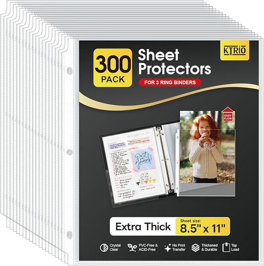 KTRIO Heavyduty Sheet Protectors 8.5 x 11 inch, Clear Page Protector for 3 Ring Binder, Plastic Sleeves for Binders, Top Loading Paper Sheets Document Sleeve Letter Size, Office & Home, 300 Pack