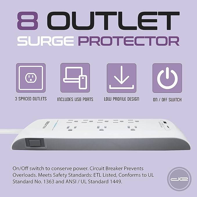 Digital Energy 25 FT USB-C and USB-A 8 Outlet 4200 Joules Surge Protector Power Strip, 3 Wide Spaced Outlets, White