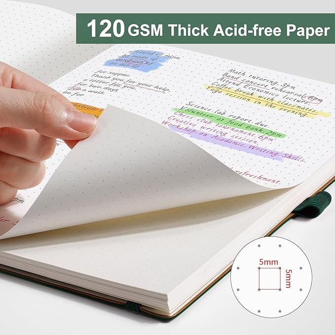 AHGXG Bullet Dotted Journal - Dot Grid Notebook Journal, 120 GSM Thick Acid-Free Paper, Large B5 Dotted Notebook 96 Pages, Leather Softcover, Inner Pocket, Journal Stencil, 7.6'' X 10'' - Green