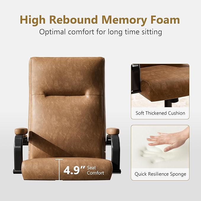 Brown Leather Office Chair with Wheels, Memory Foam Height Adjustable Computer Deak Chair, Rolling Swivel Executive Chair for Home Office