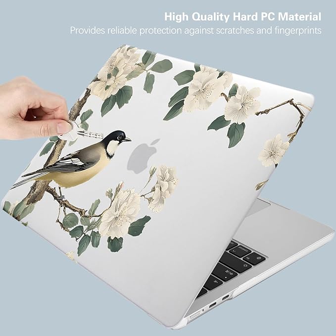KEROM Bird Flower Case for MacBook Air 13 inch 2025 M4, 2024-2022 M3 M2 A3240 A3113 A2681, Cute Sleek Elegant Aesthetic Plastic Hard Shell & Keyboard Cover for MacBook Air 13.6 inch Case