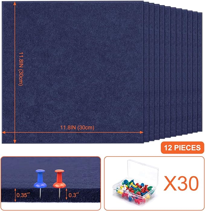 Cork Boards for Walls 48" x 36" Felt Board Alternative, 12 Pack Felt Wall Tiles Bulletin Board, Large Cork Board for Office Pin Board Tack Board Cork Boards