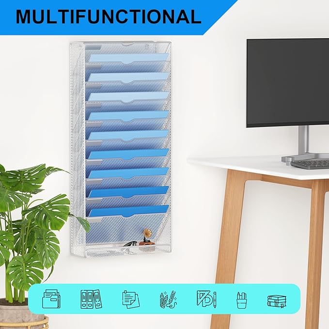Hanging Wall File Organizer 10 Tier Wall Mounted File Holder Document Wall Organizer Magazine Organization for Office Home, Silver