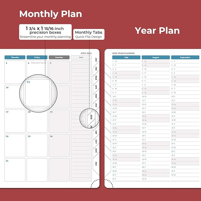 Planner 2025-2026 Daily Weekly and Monthly,11.5"x8.5",18 Months Spiral Bound Calendar Agenda with Self-adhesive Pen Holder,2026 Academic Plan with Vegan Leather Soft Cover,Red