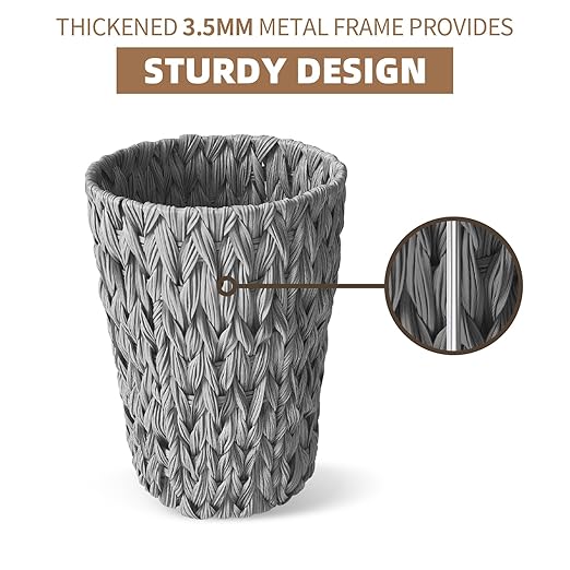 Endymion Grey Wicker Trash Can,Waterproof Wicker Waste Basket for Bathroom,Woven Waste Basket for Bedroom,2 Gallon Round