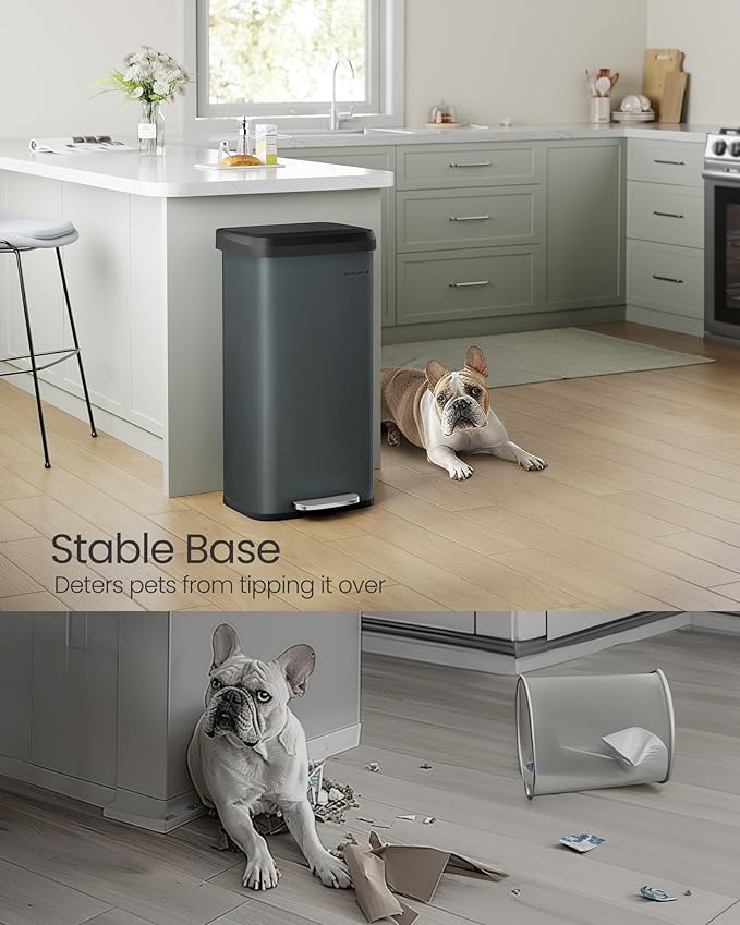 SONGMICS Kitchen Trash Can, 18-Gallon Stainless Steel Garbage Can, with Stay-Open Lid and Step-on Pedal, Soft Closure, Tall, Large and Space-Saving, Charcoal Gray and Black ULTB520G01