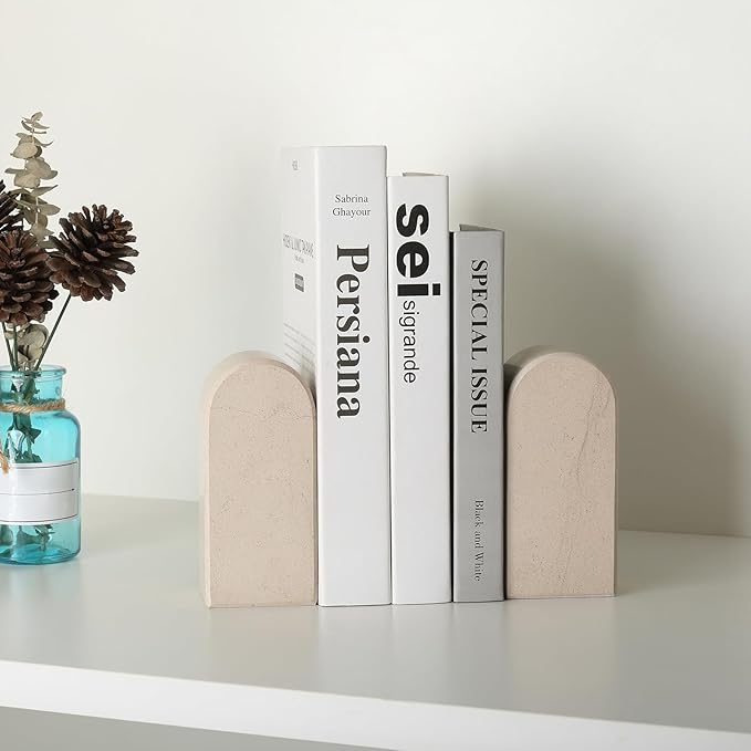 Koville African Natural Marble Bookends for Shelves, 7lbs Heavy-Duty Marble Book Holders, Decorative Book Ends, Bookshelf Apartment Decor for Normal Books/CD/Video Games