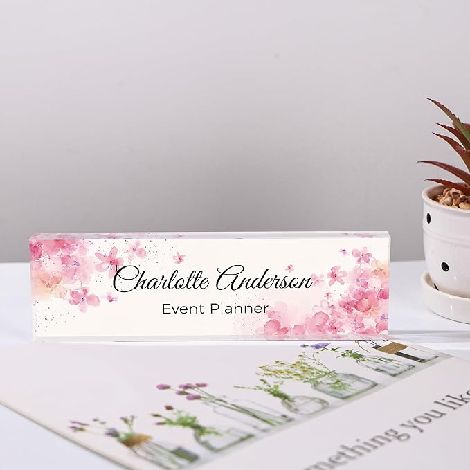 Custom Name Plate for Desk, Personalized Acrylic Office Name Sign with Name & Title, Elegant Desk Decor for Women Men, Employee Appreciation Gift (Sakura-1)