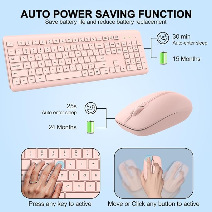 Wireless Keyboard and Mouse Combo, Full Size Silent Ergonomic Keyboard and Mouse, Long Battery Life, Optical Mouse, 2.4G Lag-Free Cordless Mice Keyboard for Computer, Mac, Laptop, PC, Windows(Pink)