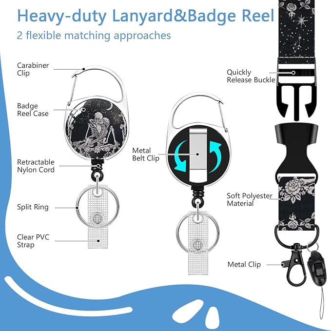 Lanyards with Id Holder,Skull ID Badge Holder with Retractable Lanyard, ID Holder with Badge Reel Clips, Name Tag ID Card Holder Teacher Women Doctor Office Gift