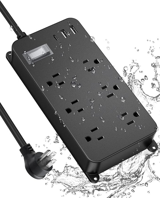 Outdoor Power Strip Weatherproof,20W USB C Port,Waterproof Extension Cord Multiple Outlet Surge Protector,6 Outlets,3 USB Ports,6ft Cord