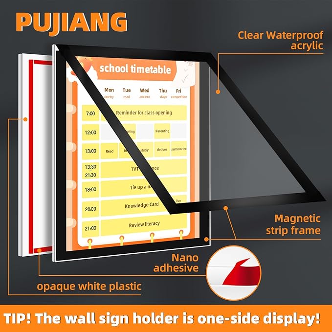 12 Pack 8.5x11 Acrylic Sign Holder Wall Mount with Framed Border, Peel & Stick Adhesive & 180° Flip Design - Single-Sided Clear Plastic Display for Menu, Poster, Flyer (Horizontal/Vertical) - Office, Home, Restaurant,No Drilling