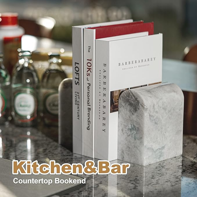 Koville African Natural Marble Bookends for Shelves, Non-Slip Book Ends, 13LBS Ultra Heavy Duty Marble Book Holder Organizer, Apartment Decor for Movies/CD/Video Games