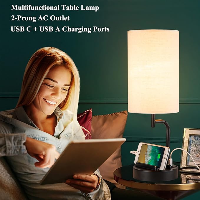 Dreamholder Touch Control USB Table Lamp, Upgraded 3-Way Dimmable Bedside Desk Lamp with USB C & A Charging Ports and AC Outlet, Nightstand Lamp for Bedroom, Dimmable 9W LED Bulb Included