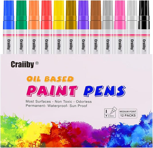 Paint Markers, 12 Pack Oil-Based Waterproof Quick Dry Permanent Paint Pen Set for Rocks Painting, Wood, Fabric, Plastic, Canvas, Glass, Mugs, Metal, Tire, Stone, DIY Craft