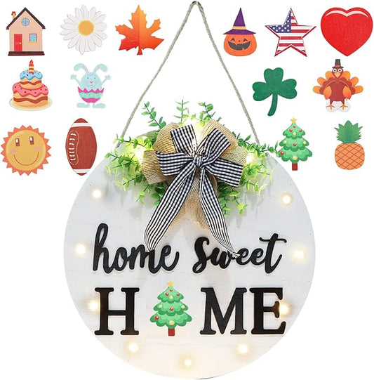 Interchangeable Welcome Sign for Front Door with 14 Changeable Icons, Farmhouse Front Porch Decor Rustic Wooden Wall Sign with 12 LED Lights, Outdoor Seasonal Welcome Home Decorations (White1)