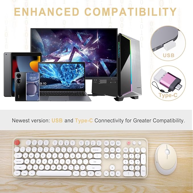 Wireless Keyboard and Mouse Combo, Ergonomic Full Size Typewriter Retro Round Keycaps Keyboard, Compatible with Windows, PC, Perfer for Home and Office Keyboards (Beige