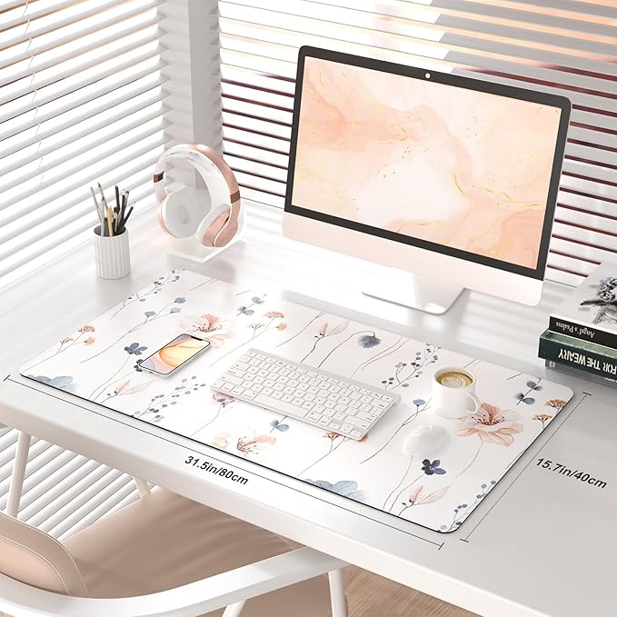 QIYI Large Mouse Pad for Desk, Watercolor Floral Computer Desk Mat for Keyboard and Mouse, Non-Slip Rubber Waterproof Leather Desk Pad, Flowers Gaming Mousepad Office Desk Accessories, 31.5" x15.7"